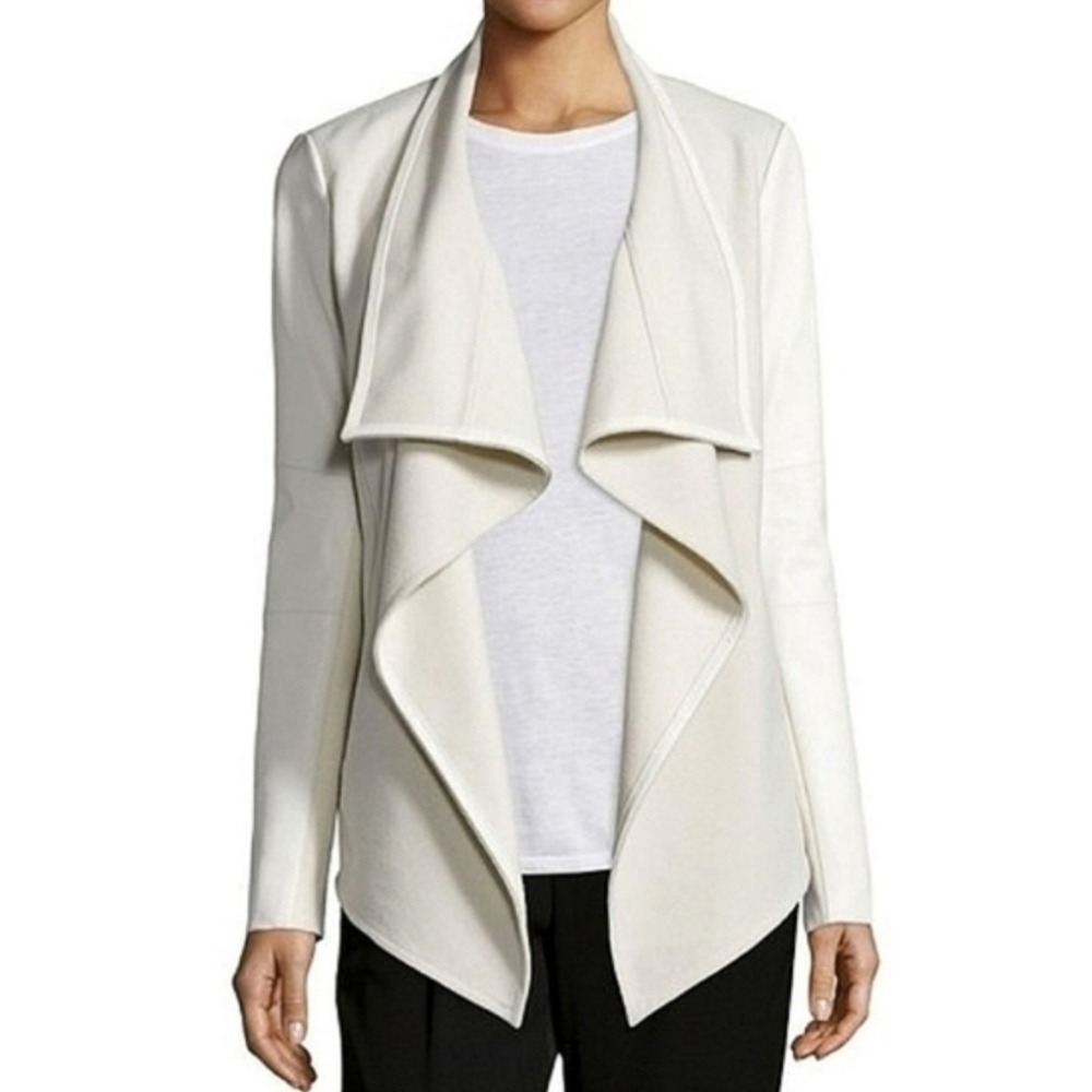 Vince Drape Front Wool Jacket Lamb Leather Sleeves XS Neutral Coat Minimalist‎ - Picture 8 of 8